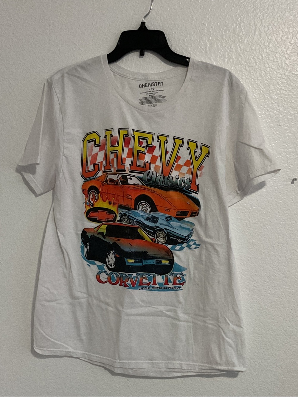 Chemistry White Graphic Tee with Orange, Blue and Black Corvette Design